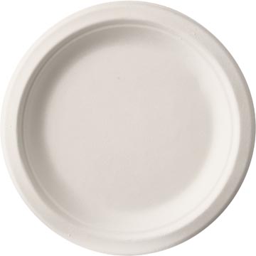 Assiette "pure", ronde, blanche, diamètre 15 cm, en canne à sucre, paquet de 50 pièces