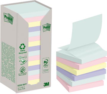 Post-it recycled z-notes, 100 feuilles, ft 76 x 76 mm, assorti, paquet de 16 blocs