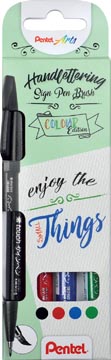 Pentel feutre pinceau sign pen brush touch, étui cartonné avec 4 pièces: noir, bleu, rouge et vert
