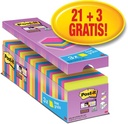 Post-it super sticky notes, 90 feuilles, ft 76 x 76 mm, couleurs assorties, paquet de 21 blocs + 3 gratui
