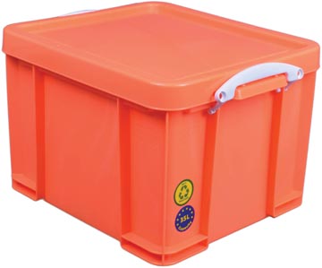 Really useful box boîte de rangement 35 litre, orange néon avec poignées blanches