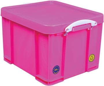 Really useful box boîte de rangement 35 litre, rose néon avec poignées blanches