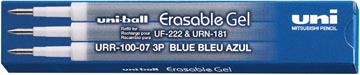 Uni-ball recharge pour roller à encre gel erasable gel, étui de 3 recharges, bleu