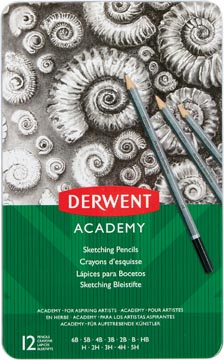 Derwent crayon graphite academy, boîte métallique de 12 pièces: 6b-5b-4b-3b-2b-b-hb-h-2h-3h-4h-5h