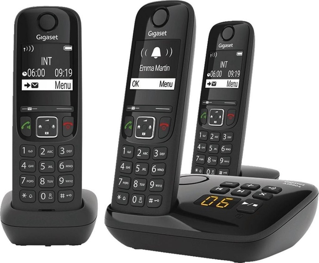 Gigaset as690a trio téléphone dect sans fil avec répondeur intégré, avec 2 combinés supplémentaires, noir