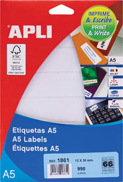 [581861] Apli étiquettes blanches Print & Write ft 12 x 30 mm (l x h), 990 pièces, 66 par feuille (1861)