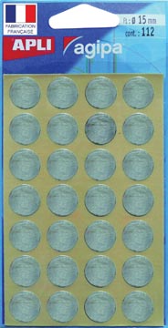 [100603] Agipa étiquettes ronds en pochette diamètre 15 mm, argent, 112 pièces, 28 par feuille