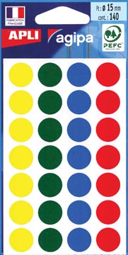 [100625] Agipa étiquettes ronds en pochette diamètre 15 mm, couleurs assorties, 140 pièces, 28 par feuille