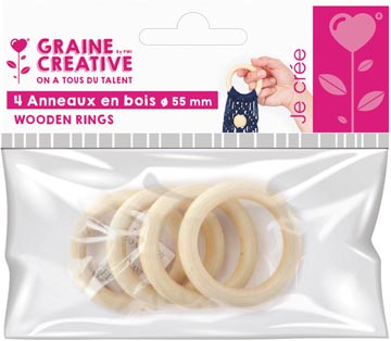 [100785] Graine créative anneaux en bois, diamètre 55 mm, sachet de 4 pièces