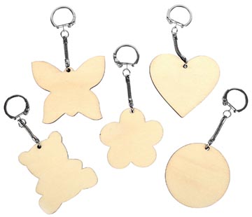 [101552] Graine créative porte-clés en bois, différentes formes, diamètre 55 mm, sachet de 10 pièces
