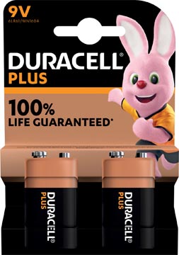[142268] Duracell batterij plus 100% 9v, blister de 2 pièces