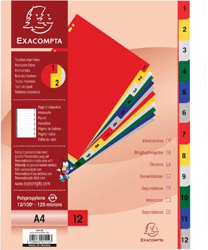 [15120E] Exacompta intercalaires numérique pour ft a4, en pp 12/100e, 12 onglets en couleurs, index, blanc