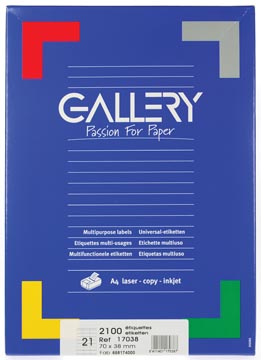 [17038] Gallery étiquettes blanches ft 70 x 38 mm (l x h), coins carrés, 21 par feuille