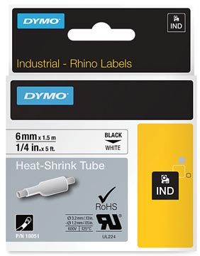 [18051D] Dymo rhino tube de thermo-rétraction 6 mm, noir sur blanc