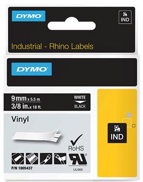 [1805437] Dymo rhino ruban vinyl 9 mm, blanc sur noir