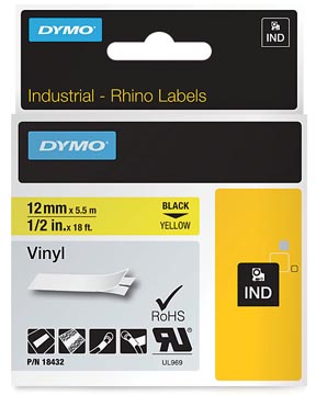 [18432] Dymo rhino ruban vinyl 12 mm, noir sur jaune