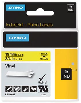 [18433E] Dymo rhino ruban vinyl 19 mm x 5,5 m, noir sur jaune