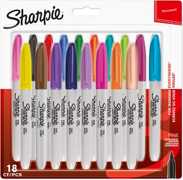 [1996112] Sharpie marqueur permanente, fin, blister de 18 pièces en couleurs assorties