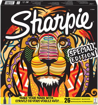 [2110123] Sharpie marqueur permanente lion, fin et extra fine, boîte de 26 pièces en couleurs assorties