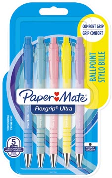 [2162277] Paper mate stylo bille flexgrip pastel rt, moyenne, encre bleu, blister de 5 pièces, assorti