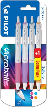 [216759] Pilot stylo bille acroball pure white, blister de 3 + 1 gratuites, en couleurs gaies