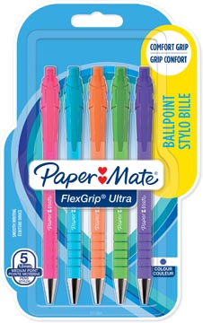 [2171855] Paper mate stylo bille flexgrip ultra rt brights, moyenne, encre bleu, blister de 5 pièces, assorti