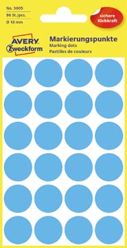 [3005A] Avery etiquettes ronds diamètre 18 mm, bleu, 96 pièces