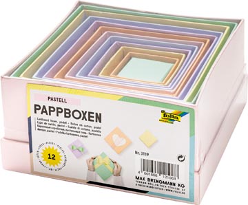 [3119] Folia boîtes de décoration, carrées, en carton, paquet de 12 pièces en tailles assorties, couleurs pastel