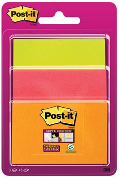 [3432S3O] Post-it super sticky notes, 45 feuilles, 3 formats, couleurs assorties néon , sous blister