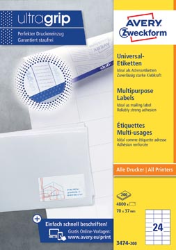 [3474200] Avery zweckform 3474, étiquettes universelles, ultragrip, blanc, 200 feuilles, 70 x 37 mm