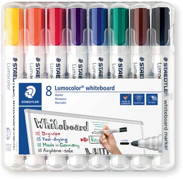 [351 WP8] Staedtler marqueur pour tableaux blancs lumocolor, étui de 8 pièces en couleurs assorties