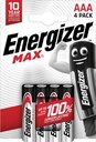 Energizer piles max aaa/lr03/e92, blister de 4