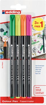 [4120040] Edding feutre de coloriage 1200, blister de 4 pièces (3 + 1 gratuit) en couleurs assorties neon