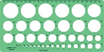 [413074] Linex gabarit de cercle 1 - 35 mm, contient 39 cercles et alignement millimétrique