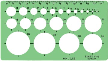 [413075] Linex gabarit de cercle 1 - 35 mm, contient 22 cercles et repères d'alignement