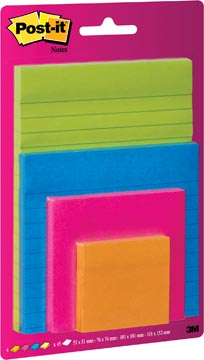 [4622SSE] Post-it super sticky notes, couleurs et formats assorties, blister de 4