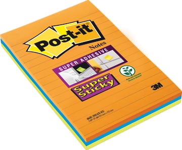 [46453S] Super sticky notes post-it, 45 feuilles, ft 102 x 152 mm, couleurs assorties, paquet de 3