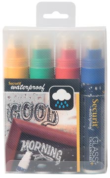[5281109] Securit waterproof marqueur à la craie large, étui de 4 pièces en couleurs assorties