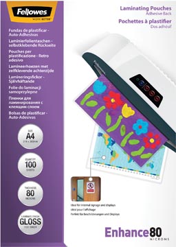 [5302202] Fellowes pochette à plastifier enhance80 auto-adhésif ft a4, 160 microns (2 x 80 microns), paquet de 100