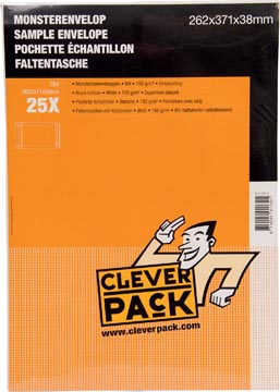 [530418] Cleverpack pochettes échantillons, ft 262 x 371 x 38 mm, avec bande adhésive, blanc, paquet de 25 pièces