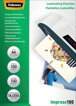 [5351111] Fellowes pochette à plastifier impress100, ft a4, 200 microns (2 x 100 microns), paquet de 100 pièces