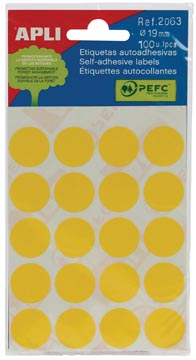 [581163] Apli étiquettes rondes en pochette diamètre 19 mm, jaune, 100 pièces, 20 par feuille (2063)