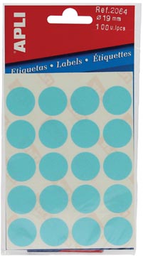 [581164] Apli étiquettes rondes en pochette diamètre 19 mm, bleu, 100 pièces, 20 par feuille (2064)