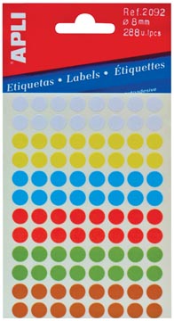 [581194] Apli étiquettes rondes en pochette diamètre 8 mm, couleurs assorties, 288 pièces, 96 par feuille (2092)