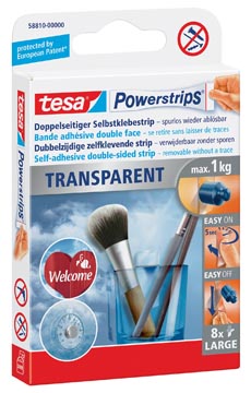 [58810T] Tesa powerstrips transparent, charge maximum de 1 kg, transparent, blister de 8 pièces