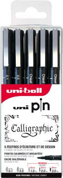 [5ASP015] Uni pin fineliner set calligrafie, noir, étui de 5 pièces aux pointes assorties