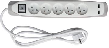 [5CGUSBG] Perel douille avec 5 prises, 2 ports usb et interrupteur, 1,5 m, blanc et gris
