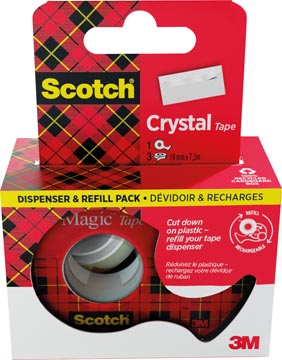 [6195DR3] Scotch crystal tape ruban adhésif ft 19 mm x 7,5 m, dérouleur + 3 rouleaux, boîte brochable