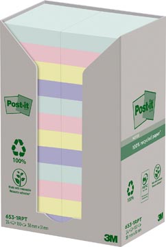 [653RPT] Post-it recycled notes nature, 100 feuilles, ft 38 x 51 mm, paquet de 24 blocs, couleurs assorties