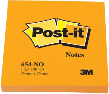 [654NO] Post-it notes, 100 feuilles, ft 76 x 76 mm, orange néon